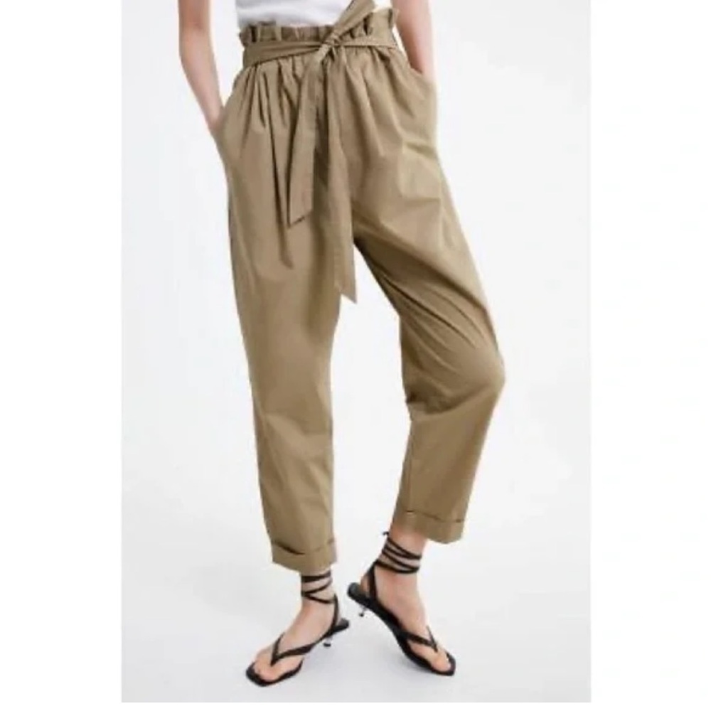 Zara Khaki Paperbag Waist Cropped Pants